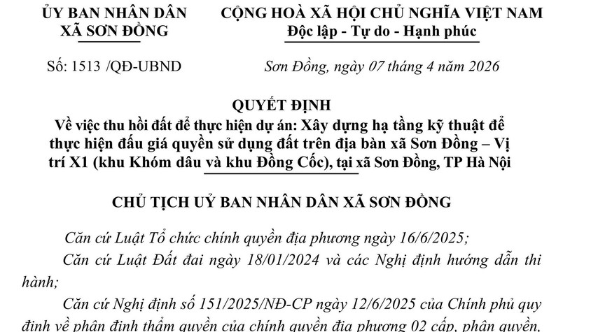 Quyết định về việc thu hồi đấy để thực hiện dự án trên địa bàn xã Sơn Đồng