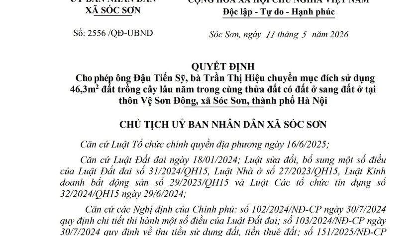 QUYẾT ĐỊNH CHO PHÉP ÔNG ĐẬU TIẾN SỸ, BÀ TRẦN THỊ HIỆU CHUYỂN MỤC ĐÍCH SỬ DỤNG 46,3M2 ĐẤT TRỒNG CÂY LÂU NĂM TRONG CÙNG THỬA ĐẤT CÓ ĐẤT Ở TẠI THÔN VỆ SƠN ĐÔNG, XÃ SÓC SƠN, THÀNH PHỐ HÀ NỘI