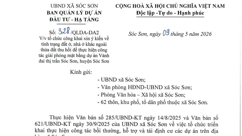 TỔ CHỨC CÔNG KHAI XIN Ý KIẾN VỀ TÌNH TRẠNG ĐẤT Ở, NHÀ Ở KHÁC NGOÀI THỬA ĐẤT THU HỒI ĐỂ THỰC HIỆN CÔNG TÁC GIẢI PHÓNG MẶT BẰNG DỰ ÁN VÀNH ĐAI THỊ TRẤN SÓC SƠN, HUYỆN SÓC SƠN