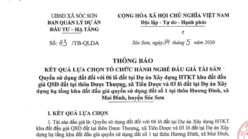 XÃ SÓC SƠN THÔNG BÁO KẾT QUẢ LỰA CHỌN TỔ CHỨC HÀNH NGHỀ ĐẤU GIÁ TÀI SẢN