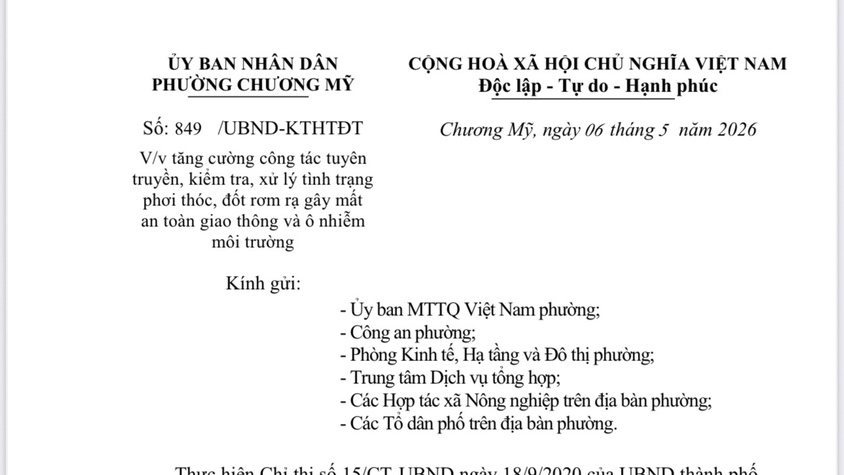 Phường Chương Mỹ tăng cường tuyên truyền, kiểm tra, xử lý tình trạng phơi thóc, đốt rơm rạ gây mất an toàn giao thông và ô nhiễm môi trường