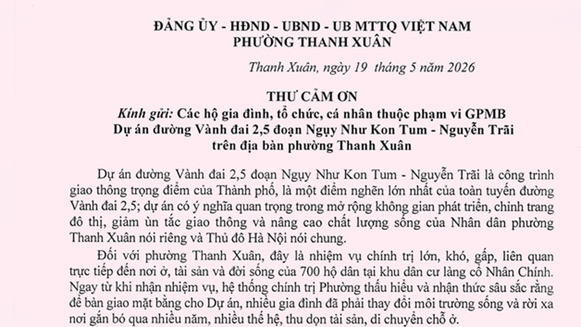 Lời cảm ơn chân thành từ Đảng ủy - HĐND - UBND - UB MTTQ Việt Nam phường Thanh Xuân gửi tới Nhân dân