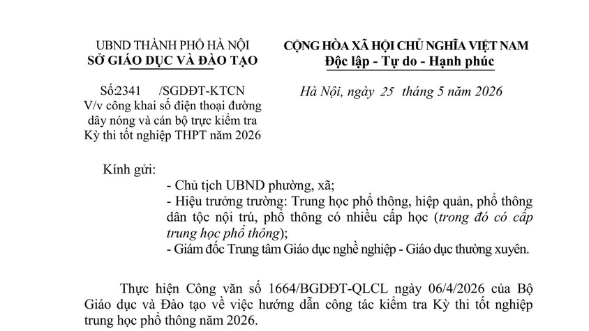 Công khai số điện thoại đường dây nóng và cán bộ trực kiểm tra Kỳ thi tốt nghiệp THPT năm 2026