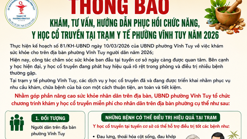 THÔNG BÁO KHÁM, TƯ VẤN, HƯỚNG DẪN PHỤC HỒI CHỨC NĂNG, Y HỌC CỔ TRUYỀN TẠI TRẠM Y TẾ PHƯỜNG VĨNH TUY NĂM 2026