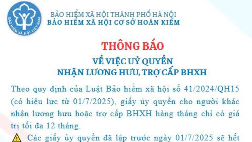 UBND PHƯỜNG CỬA NAM XIN THÔNG BÁO VỀ VIỆC ỦY QUYỀN NHẬN LƯƠNG HƯU, TRỢ CẤP BHXH HÀNG THÁNG
