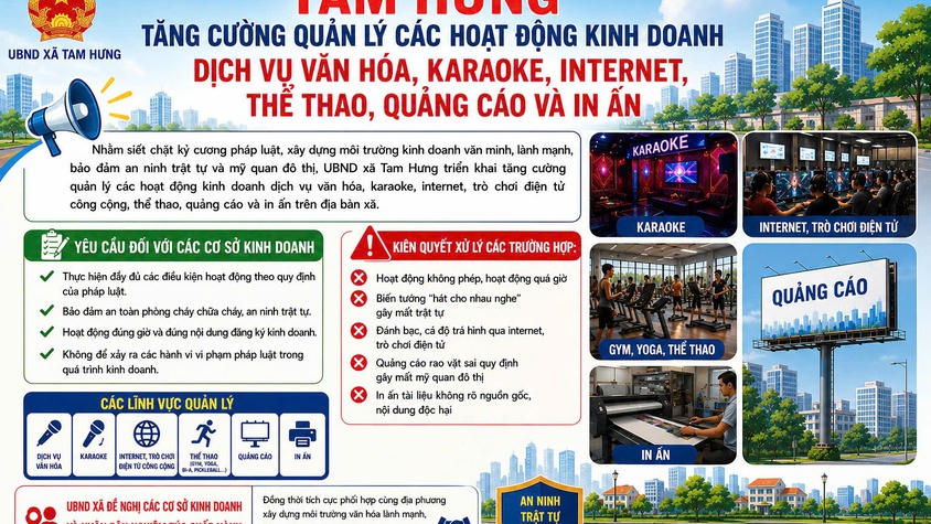 Tam Hưng tăng cường quản lý các hoạt động kinh doanh dịch vụ văn hóa, karaoke, internet, thể thao, quảng cáo ngoài trời và in ấn