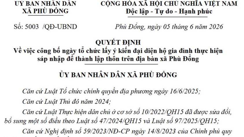 Quyết định Công bố ngày tổ chức lấy ý kiến đại diện hộ gia đình thực hiện sáp nhập để thành lập thôn trên địa bàn xã Phù Đổng