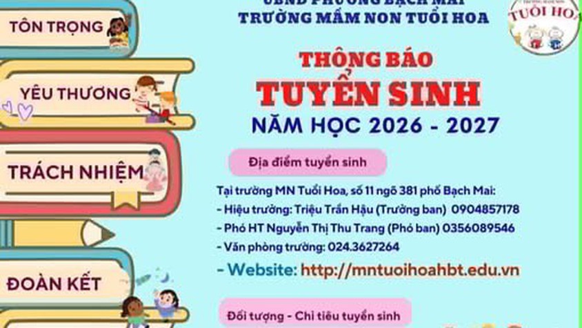 TRƯỜNG MẦM NON TUỔI HOA:
THÔNG BÁO TUYỂN SINH NĂM HỌC 2026 – 2027