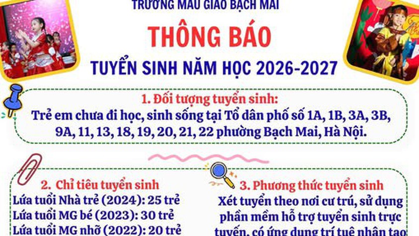 TRƯỜNG MẪU GIÁO BẠCH MAI: THÔNG BÁO TUYỂN SINH NĂM HỌC 2026 – 2027