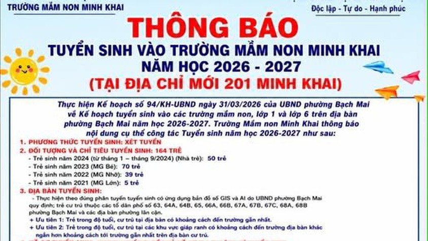 TRƯỜNG MẦM NON MINH KHAI: THÔNG BÁO TUYỂN SINH NĂM HỌC 2026 – 2027