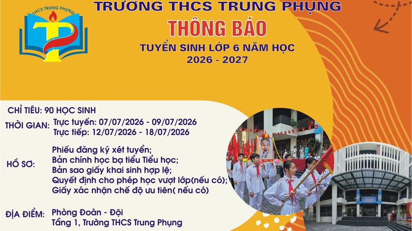 Thông báo tuyển sinh năm học 2026 - 2027 của trường THCS Trung Phụng.