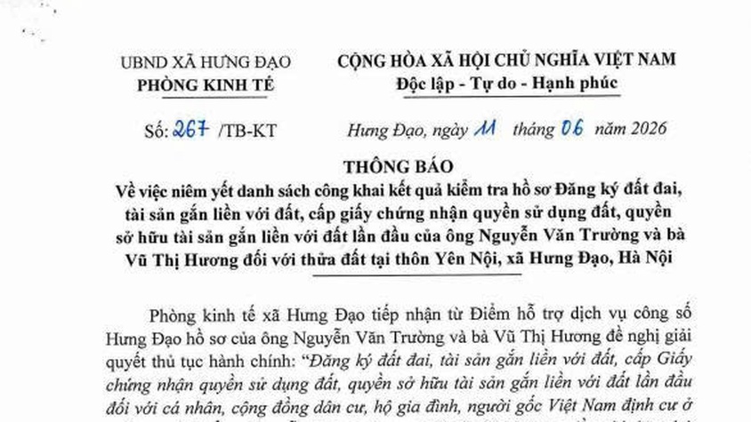 THÔNG BÁO
Về việc niêm yết danh sách công khai kết quả kiểm tra hồ sơ Đăng ký đất đai, TS gắn liền với đất, cấp giấy chứng nhận QSD, QSH TS gắn liền với đất lần đầu của ông Nguyễn Văn Trường và bà Vũ Thị Hương