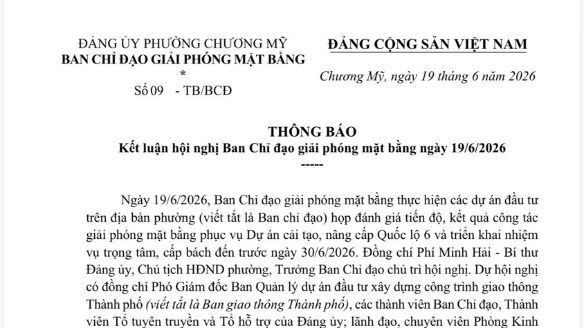 Thông báo kết luận hội nghị Ban Chỉ đạo giải phóng mặt bằng ngày 19/6/2026