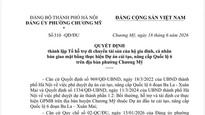 Phường Chương Mỹ thành lập Tổ hỗ trợ di chuyển tài sản của hộ gia đình, cá nhân bàn giao mặt bằng thực hiện Dự án cải tạo, nâng cấp Quốc lộ 6