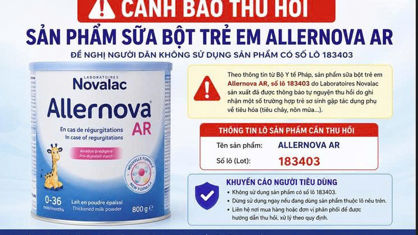Cảnh báo thu hồi sản phẩm sữa  ALLERNOVA AR Số lô 183403