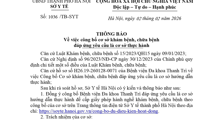 Sở Y tế Hà Nội công bố Bệnh viện Đa khoa Thanh Trì đủ điều kiện là cơ sở hướng dẫn thực hành khám bệnh, chữa bệnh