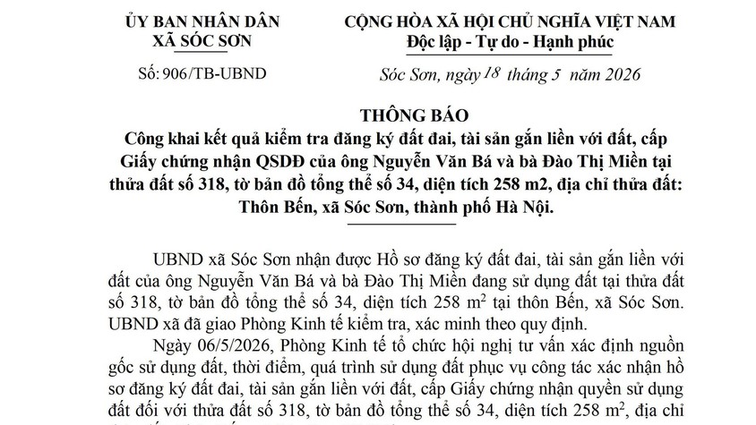 THÔNG BÁO CÔNG KHAI KẾT QUẢ KIỂM TRA ĐĂNG KÝ ĐẤT ĐAI, TÀI SẢN GẮN LIỀN VỚI ĐẤT, CẤP GIẤY CHỨNG NHẬN QSDĐ
