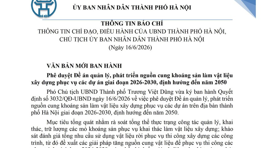 THÔNG TIN BÁO CHÍ THÔNG TIN CHỈ ĐẠO, ĐIỀU HÀNH CỦA UBND THÀNH PHỐ HÀ NỘI, CHỦ TỊCH ỦY BAN NHÂN DÂN THÀNH PHỐ HÀ NỘI (Ngày 16/6/2026)