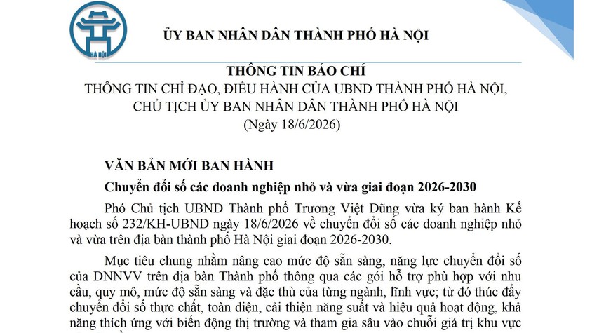 THÔNG TIN BÁO CHÍ THÔNG TIN CHỈ ĐẠO, ĐIỀU HÀNH CỦA UBND THÀNH PHỐ HÀ NỘI,  CHỦ TỊCH ỦY BAN NHÂN DÂN THÀNH PHỐ HÀ NỘI (Ngày 18/6/2026)