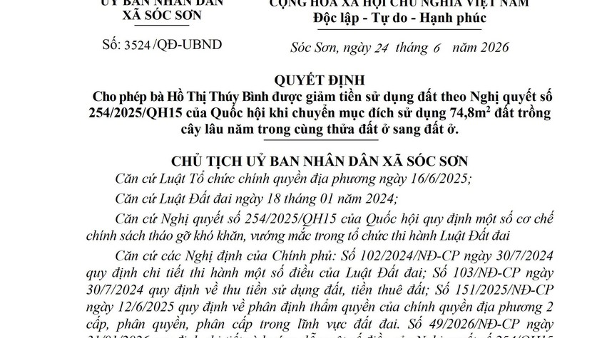 QUYẾT ĐỊNH CHO PHÉP HỘ GIA ĐÌNH ĐƯỢC GIẢM TIỀN 
SỬ DỤNG ĐẤT THEO NGHỊ QUYẾT SỐ 254/2025/QH15 của QUỐC HỘI KHI CHUYỂN MỤC ĐÍCH SỬ DỤNG ĐẤT TRỒNG CÂY LÂU NĂM TRONG CÙNG THỬA ĐẤT Ở SANG ĐẤT Ở.
