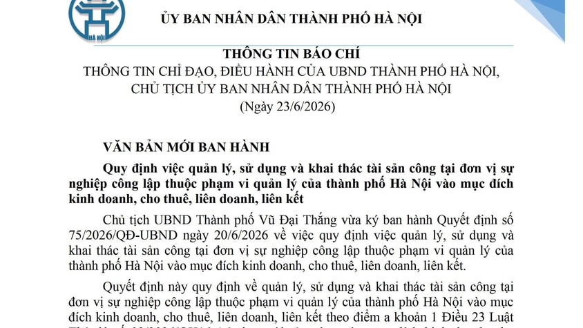 THÔNG TIN CHỈ ĐẠO, ĐIỀU HÀNH CỦA UBND THÀNH PHỐ HÀ NỘI, CHỦ TỊCH ỦY BAN NHÂN DÂN THÀNH PHỐ HÀ NỘI (Ngày 23/6/2026)