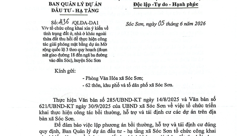 CÔNG KHAI XIN Ý KIẾN VỀ TÌNH TRẠNG ĐẤT Ở, NHÀ Ở PHỤC VỤ GPMB DỰ ÁN MỞ RỘNG QUỐC LỘ 3 - ĐỊA PHẬN: TỔ 4, XÃ SÓC SƠN