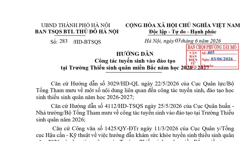 Tuyển sinh vào đào tạo tại Trường Thiếu sinh quân miền Bắc năm học 2026 - 2027