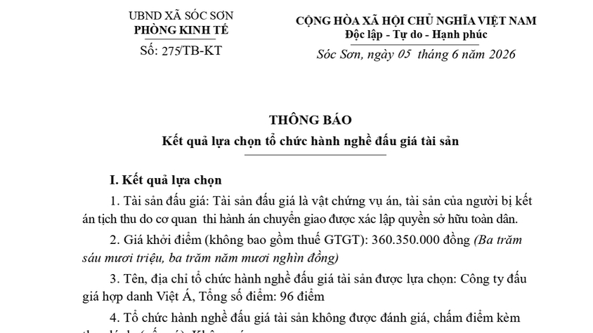 KẾT QUẢ LỰA CHỌN TỔ CHỨC HÀNH NGHỀ ĐẤU GIÁ VẬT CHỨNG VỤ ÁN, TÀI SẢN TỊCH THU