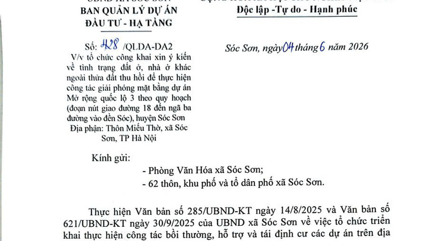 CÔNG KHAI XIN Ý KIẾN VỀ TÌNH TRẠNG ĐẤT Ở, NHÀ Ở ĐỂ THỰC HIỆN DỰ ÁN MỞ RỘNG QUỐC LỘ 3 - ĐỊA PHẬN THÔN MIẾU THỜ, XÃ SÓC SƠN.