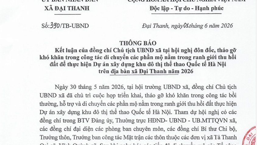 Thông báo số 390/TB-UBND ngày 01/6/2026 của UBND xã Đại Thanh