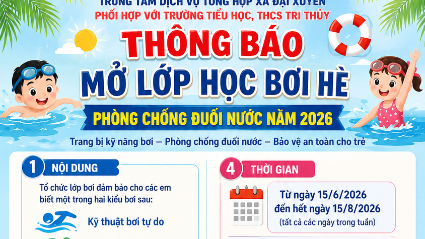 THÔNG BÁO MỞ LỚP HỌC BƠI HÈ PHÒNG CHỐNG ĐUỐI NƯỚC NĂM 2026