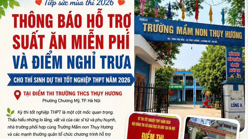 Thông báo hỗ trợ suất ăn miễn phí và điểm nghỉ trưa cho thí sinh dự thi tốt nghiệp THPT năm 2026 tại điểm thi Trường THCH Thụy Hương