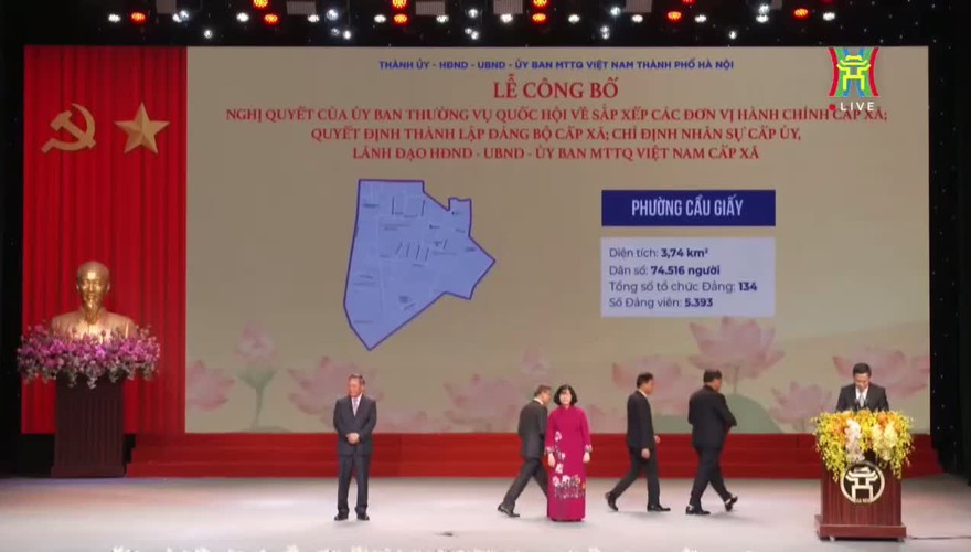 Các đồng chí lãnh đạo phường Nghĩa Đô, Cầu Giấy, Yên Hòa nhận Quyết định thành lập phường mới tại Lễ công bố Nghị quyết của Ủy ban thường vụ Quốc hội về sắp xếp các đơn vị hành chính cấp xã