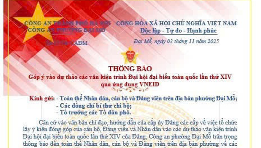 Thông báo góp ý vào dự thảo các văn kiện trình Đại hội đại biểu toàn quốc lần thứ XIV qua ứng dụng VNEID