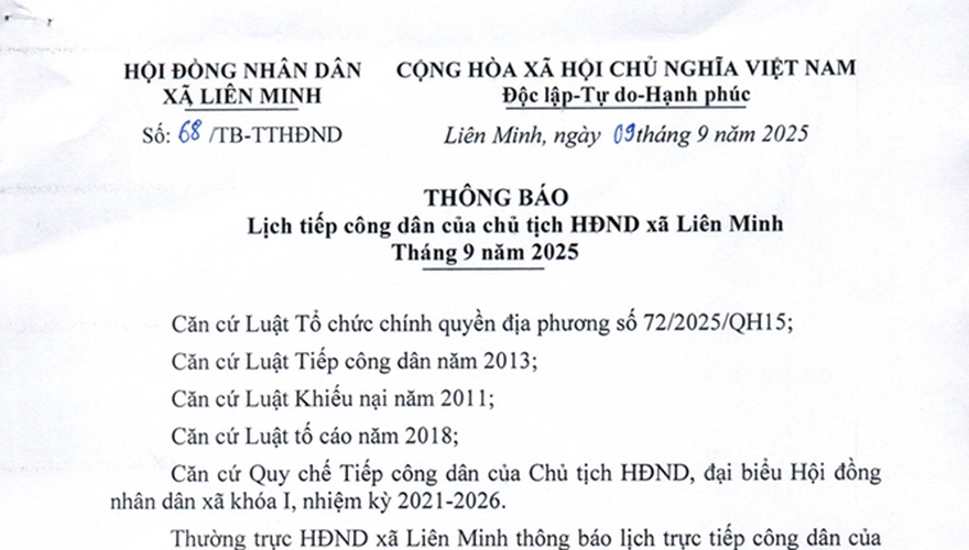 Thông báo Lịch tiếp công dân của Chủ tịch Hội đồng nhân dân xã Liên Minh tháng 9/2025