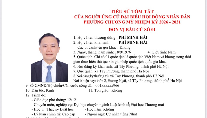 TIỂU SỬ TÓM TẮT CỦA NGƯỜI ỨNG CỬ ĐẠI BIỂU HỘI ĐỒNG NHÂN DÂN PHƯỜNG CHƯƠNG MỸ NHIỆM KỲ 2026 - 2031